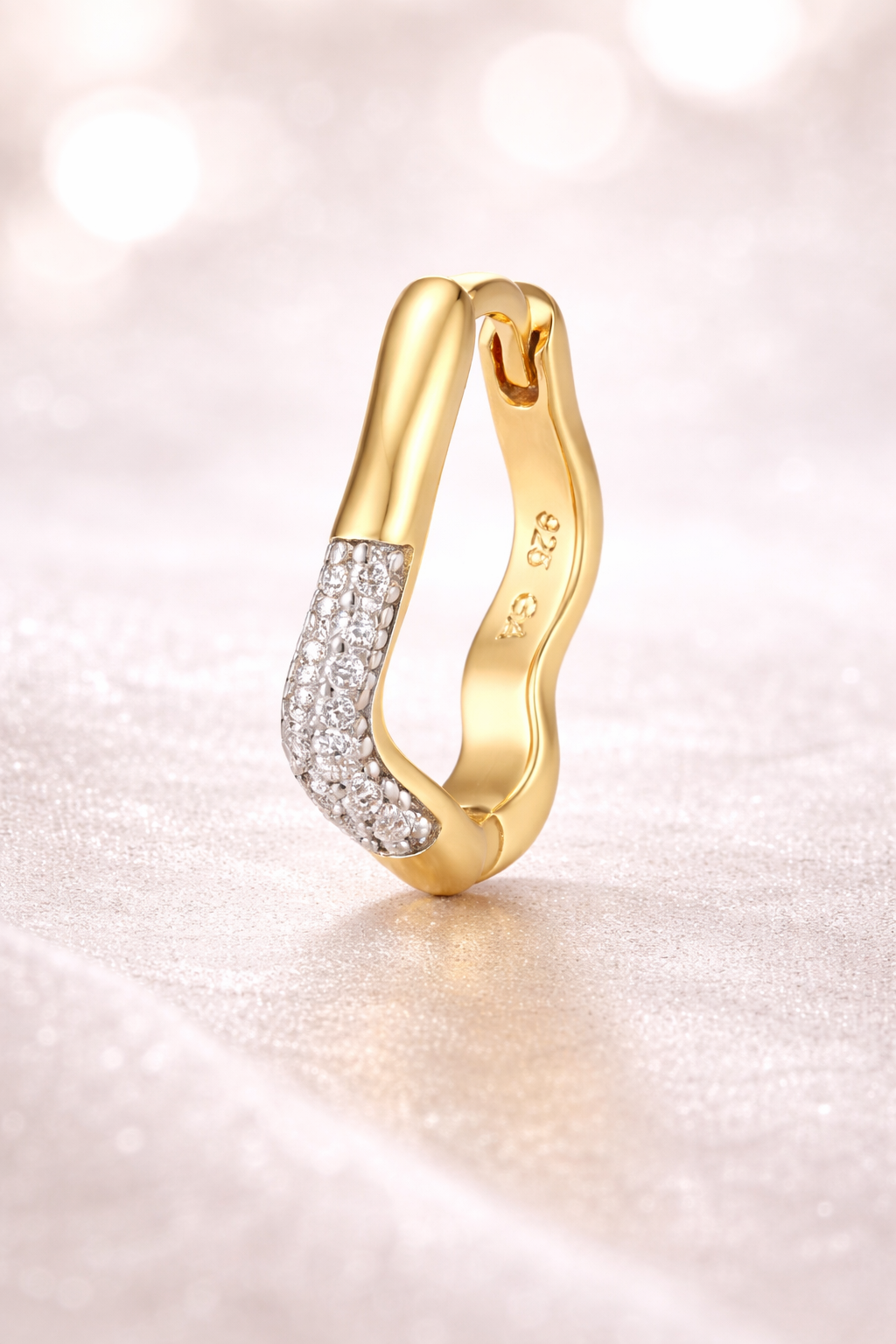 Amara Kyma two tone huggie earring in 24ct gold plated 925 sterling silver with white rhodium pavé detail