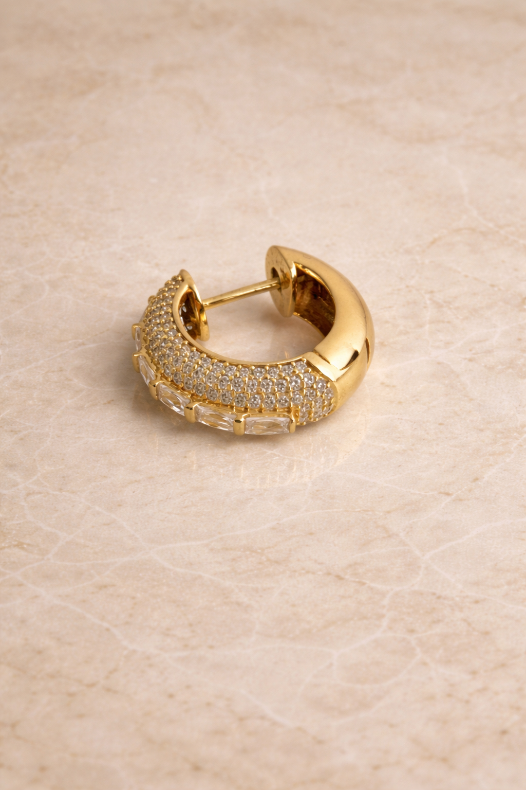 Open view of Arabella Mini Single Hoop in 925 sterling silver with thick 24ct gold plating
