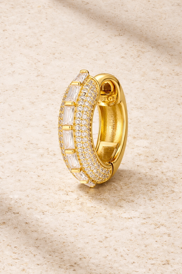 Front view of Arabella Mini Single Hoop on ear showing baguette stone row and pavé detail