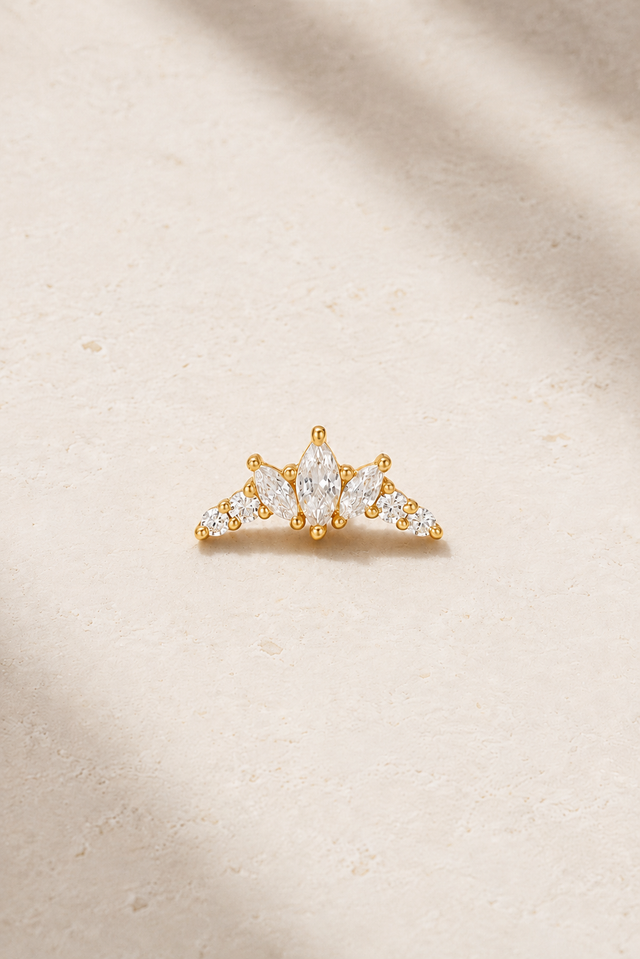 Couronne Gold Stud Earring with marquise and round white CZ stones
