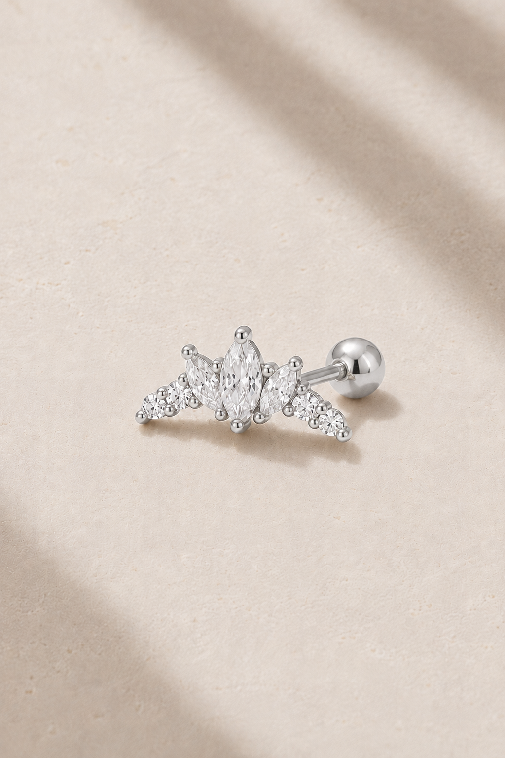 Couronne Silver Ball Screw Stud Earring with marquise and round white CZ stones