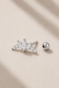 Couronne Silver Ball Screw Stud Earring with marquise and round white CZ stones