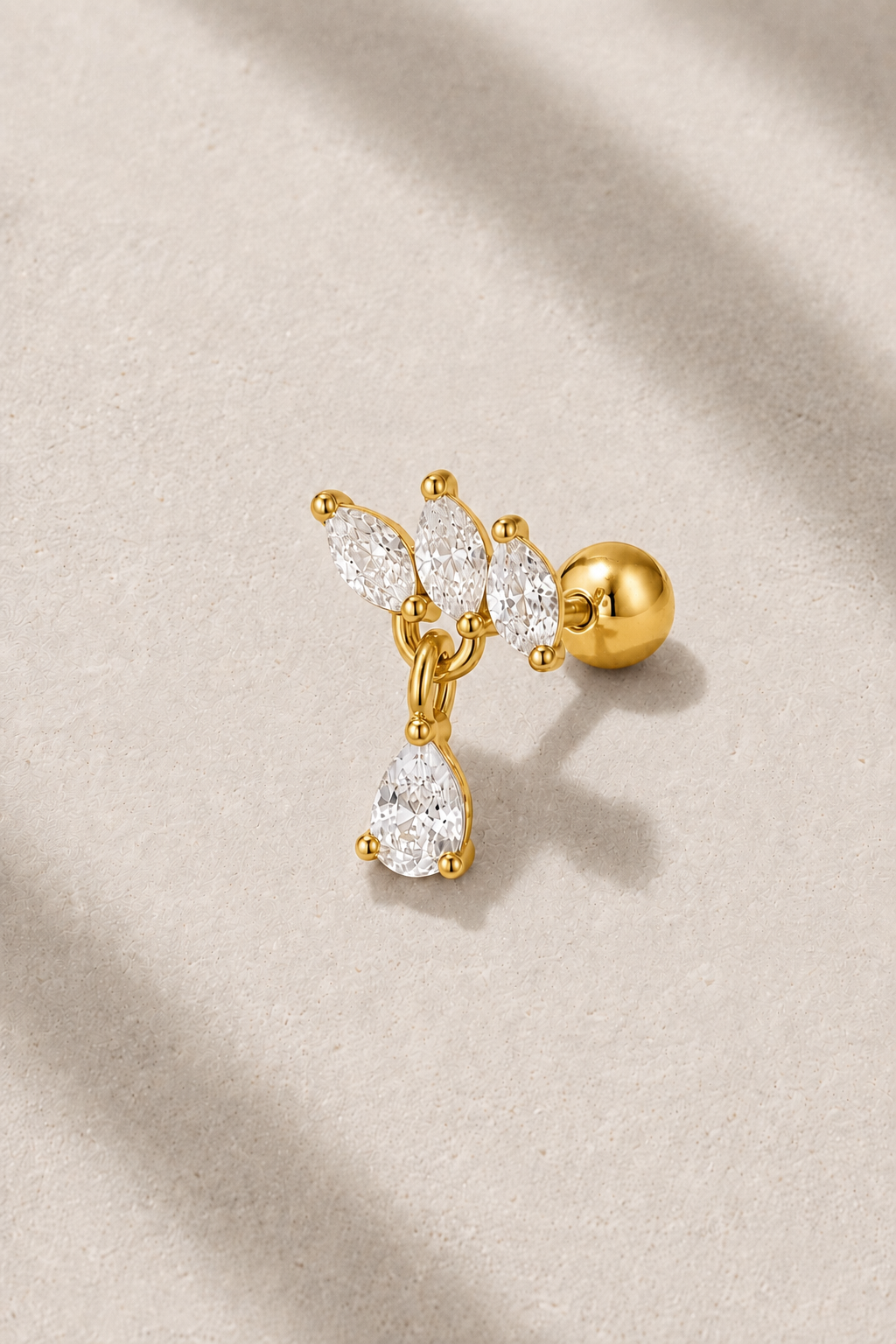 Fleur Gold Ball Screw Stud Earring with marquise white CZ stones and pear-cut crystal drop