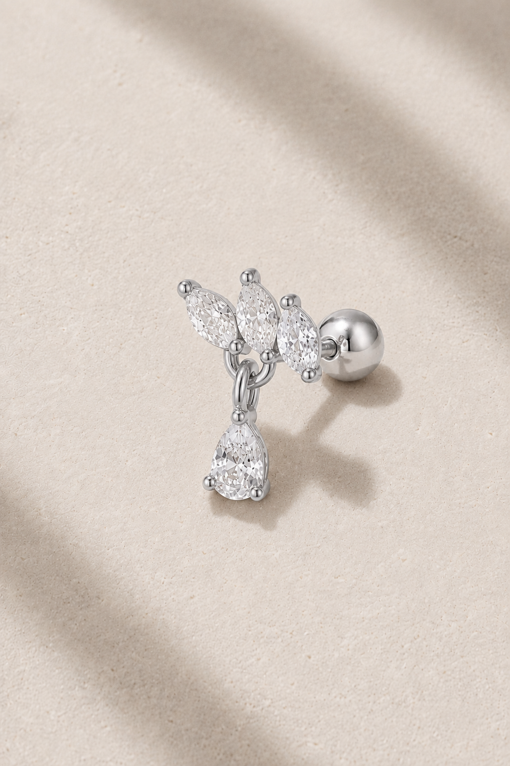 Fleur Silver Ball Screw Stud Earring with marquise white CZ stones and pear-cut crystal drop