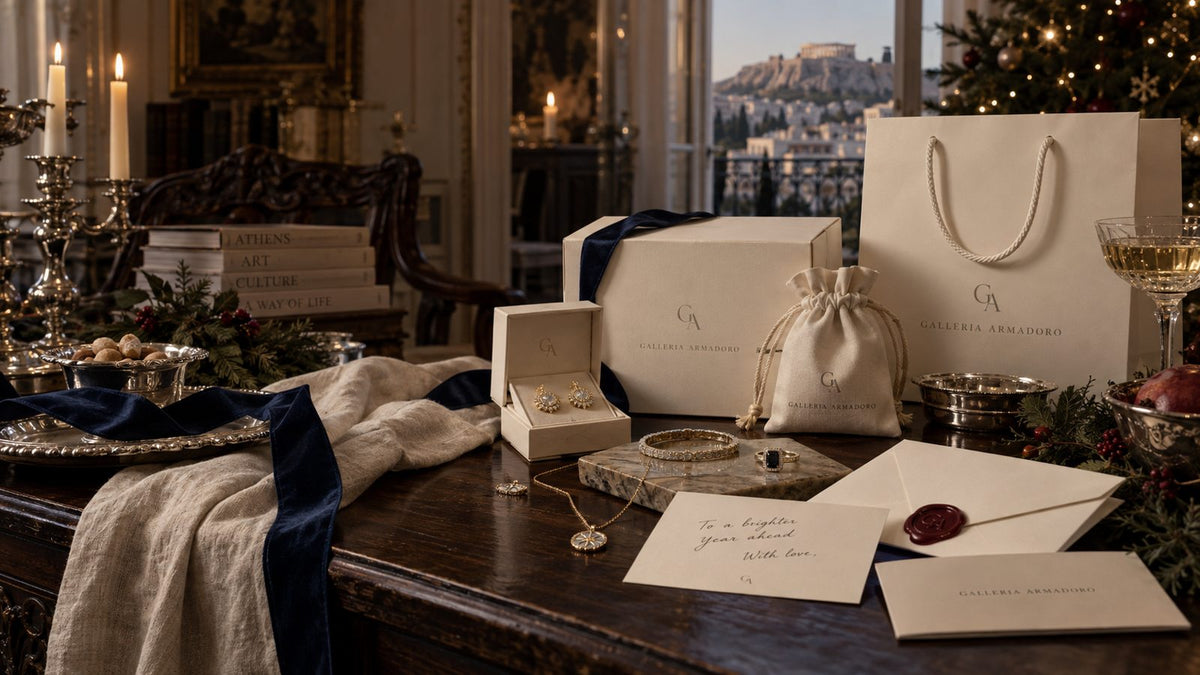 Editorial concept for the Galleria Armadoro holiday gift guide, with navy ribbon and ivory gift packaging