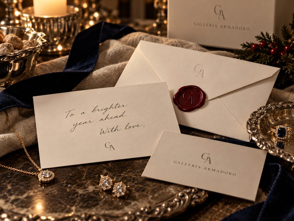Gifting concept with handwritten message, ivory envelope and dark-red GA wax seal for review