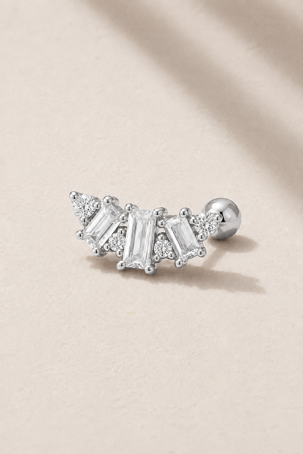 Lumière Silver Ball Screw Stud Earring with baguette and round white CZ stones