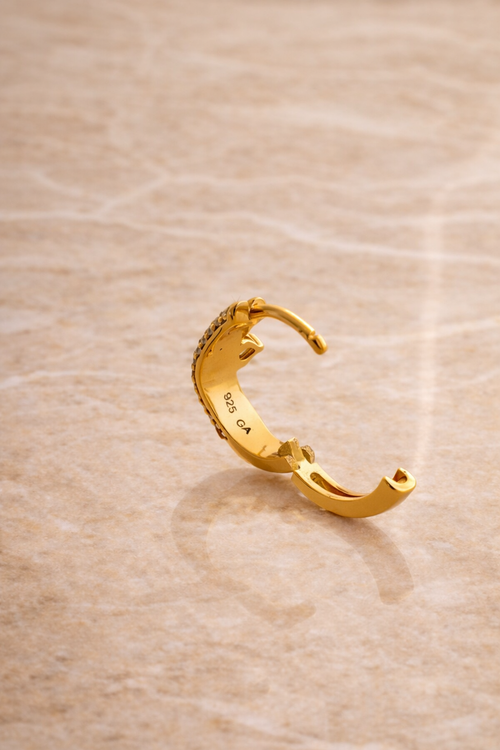 Back view Maura huggie earring sterling silver gold plated hinge closure