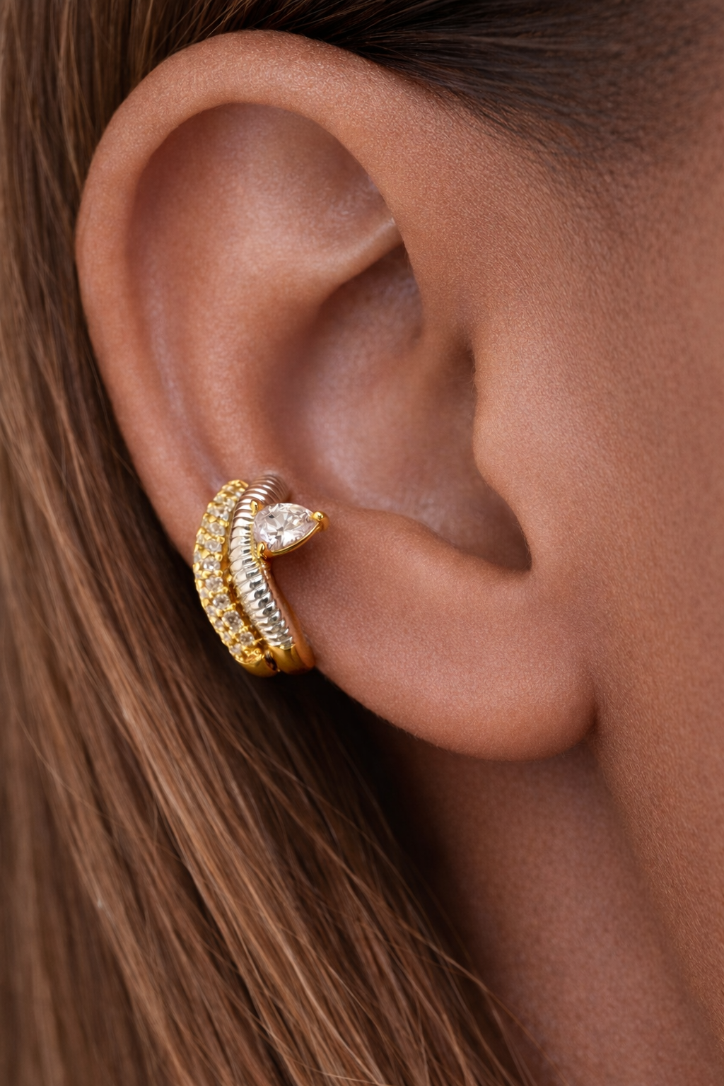 Maura two tone huggie earring helix piercing styling close up