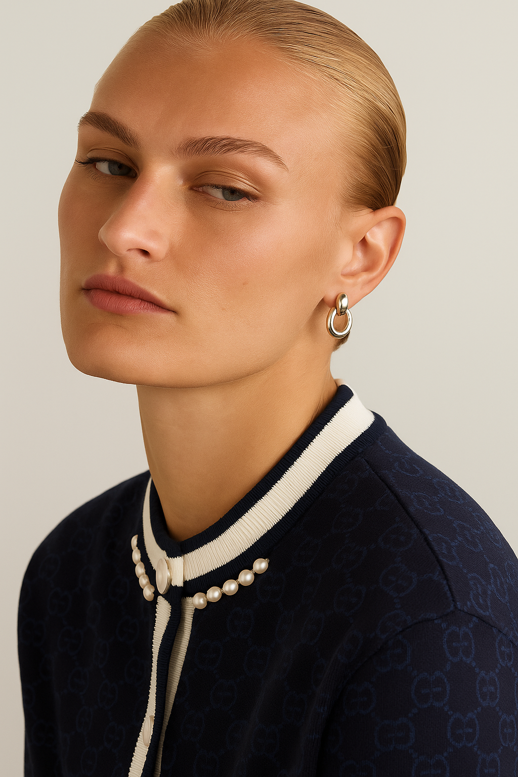 Mini Pia silver puffy loop drop earrings worn on model, 21 × 13 mm, lightweight statement