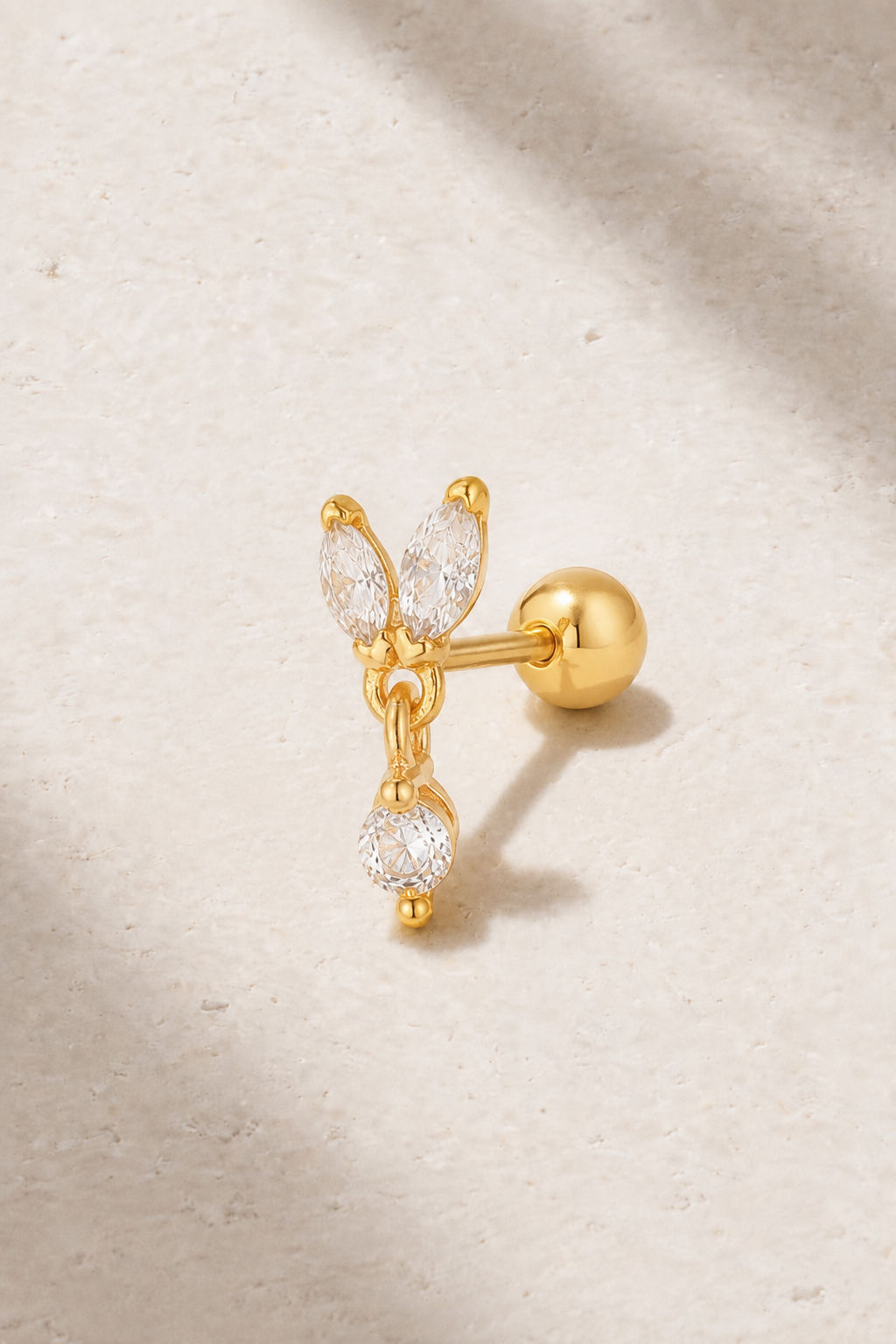 Papillon Gold Ball Screw Stud Earring with white CZ stones and butterfly-inspired design