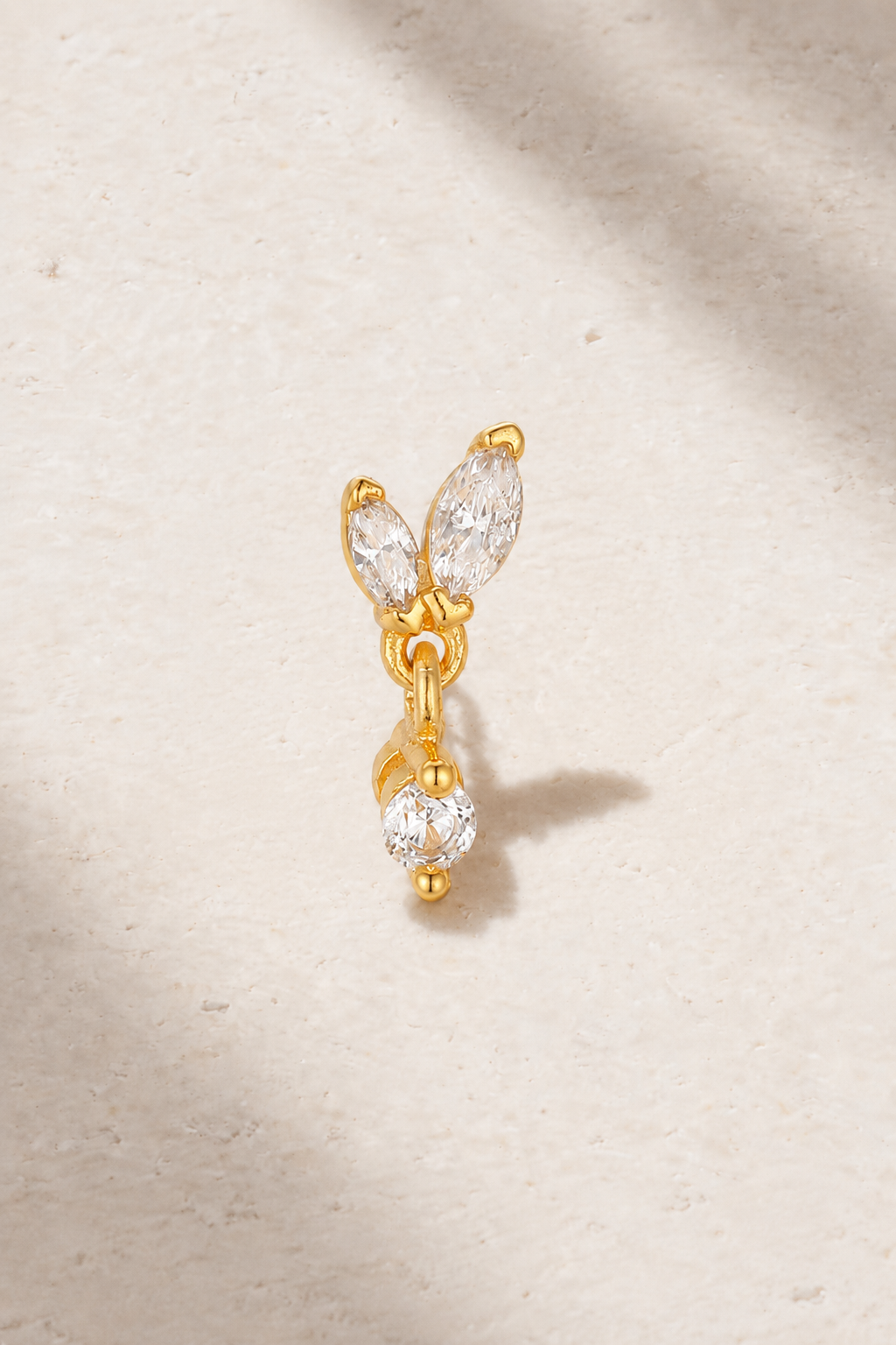 Papillon Gold Stud Earring with white CZ stones and dangling crystal drop