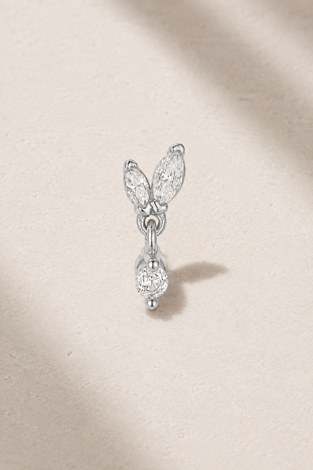 Papillon Silver Stud Earring with white CZ stones and dangling crystal drop