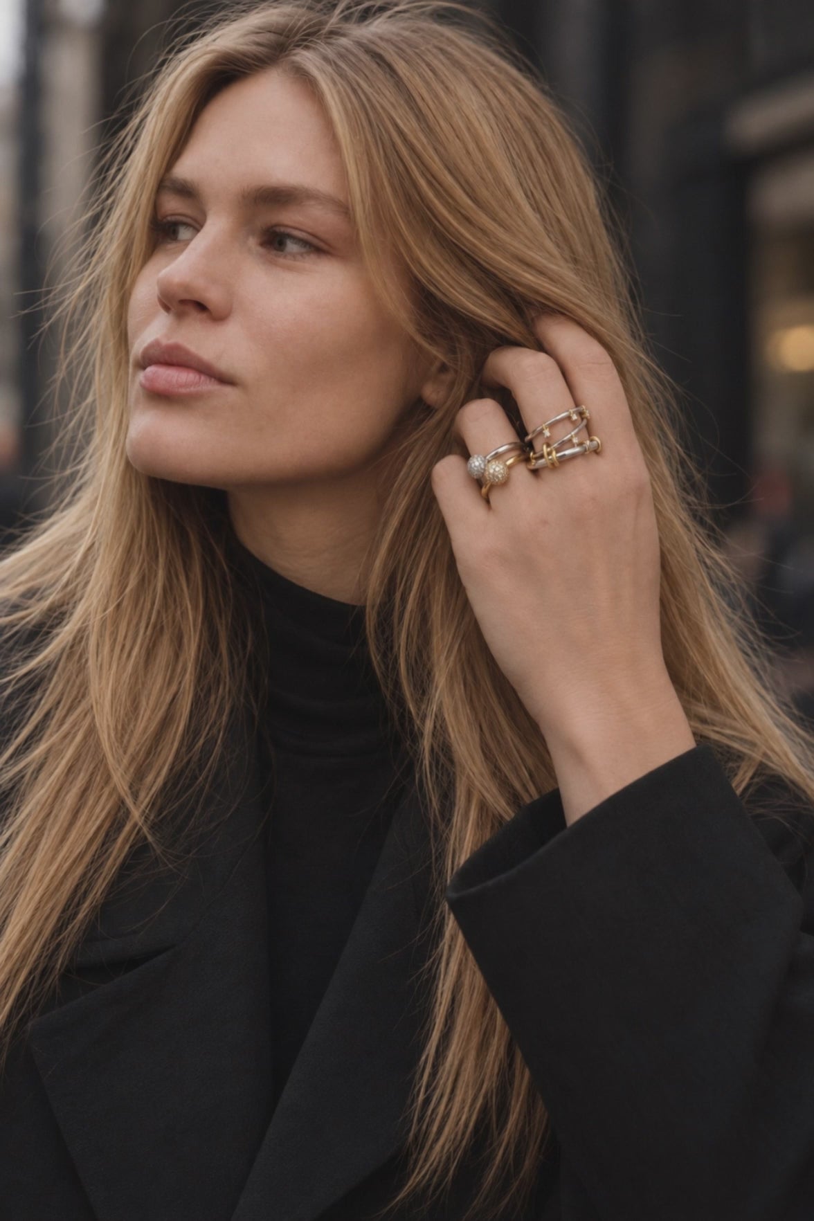 Mixed-metal ring stack by Galleria Armadoro featuring Lumi and Cara rings styled together with gold, silver and pavé details.