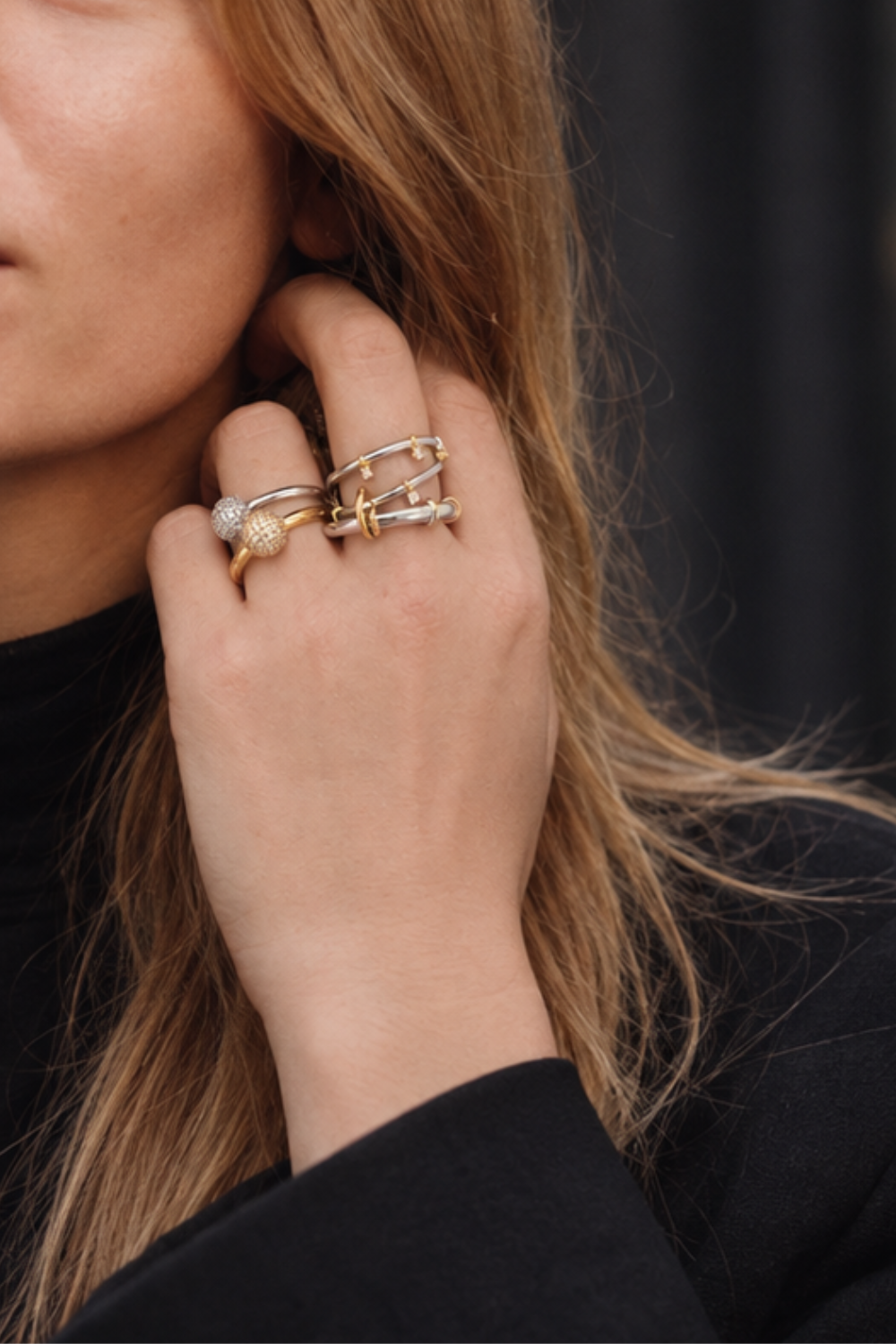 Mixed-metal ring stack by Galleria Armadoro featuring Lumi and Cara rings styled together with gold, silver and pavé details.