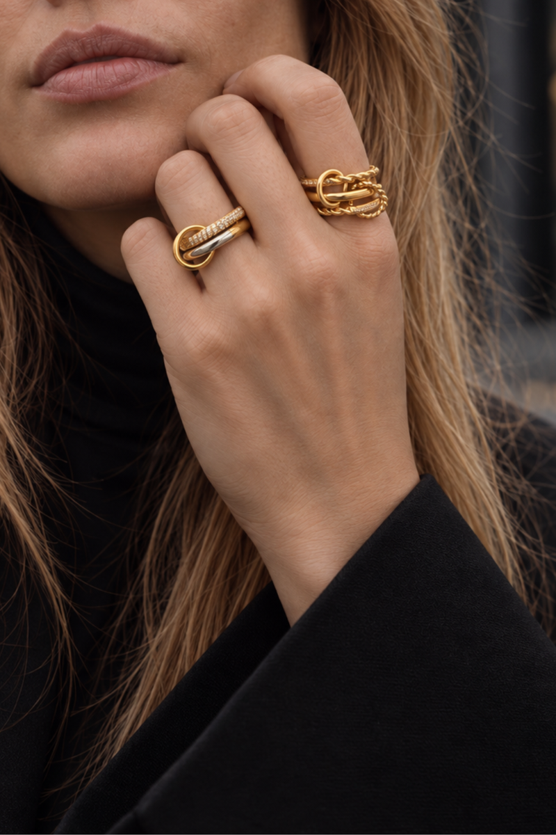 Galleria Armadoro Nora and Carmella ring stack styled in mixed gold, silver and pavé for a sculptural layered jewellery look.