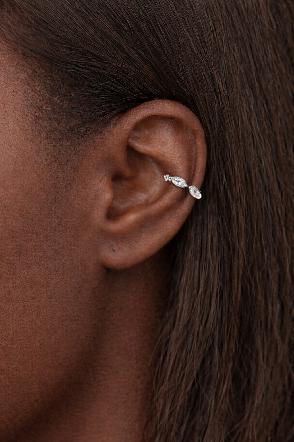 Tasha marquise sterling silver ear cuff worn on ear no piercing styling