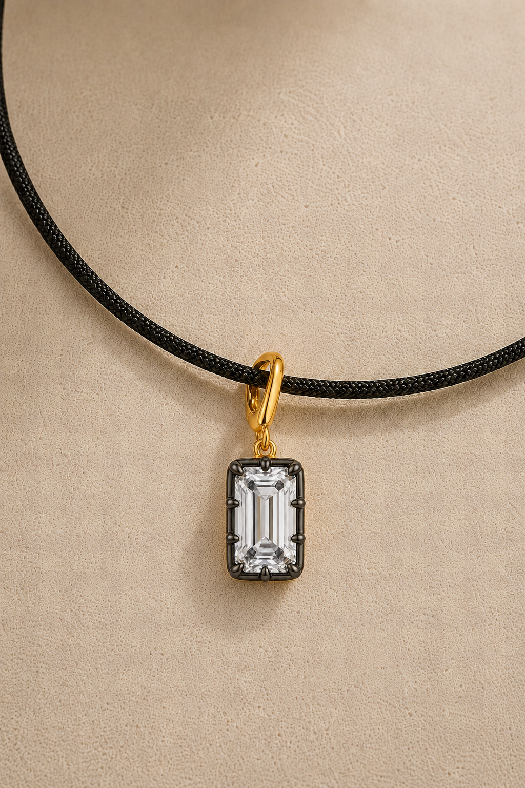 Vittoria emerald-cut hook charm in 24ct gold and black rhodium on adjustable black cord necklace – close-up