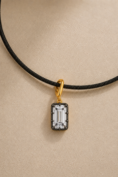 Vittoria emerald-cut hook charm in 24ct gold and black rhodium on adjustable black cord necklace – close-up