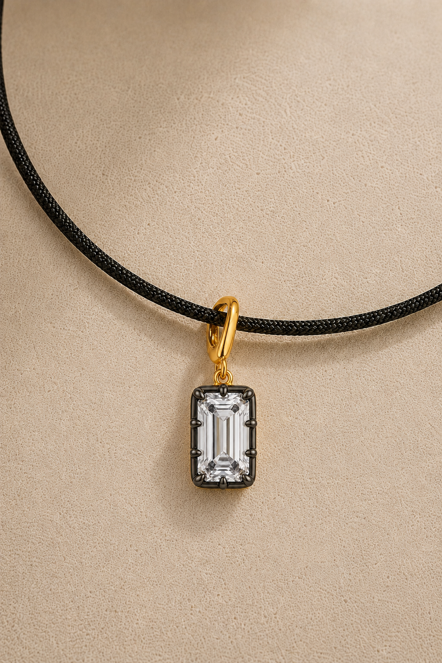 Vittoria emerald-cut hook charm in 24ct gold and black rhodium on adjustable black cord necklace – close-up