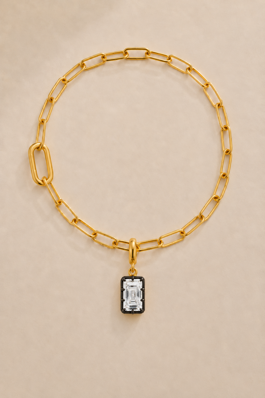 Vittoria Emerald Cut black rhodium and gold hook charm on the gold Large Link bracelet or anklet