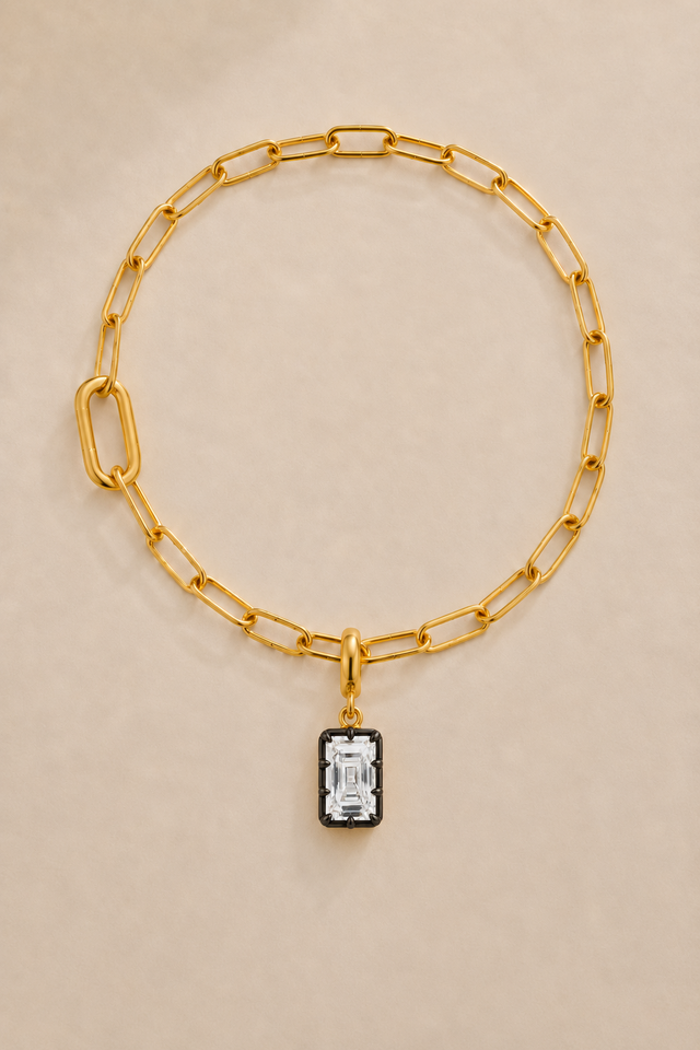 Vittoria Emerald Cut black rhodium and gold hook charm on the gold Large Link bracelet or anklet
