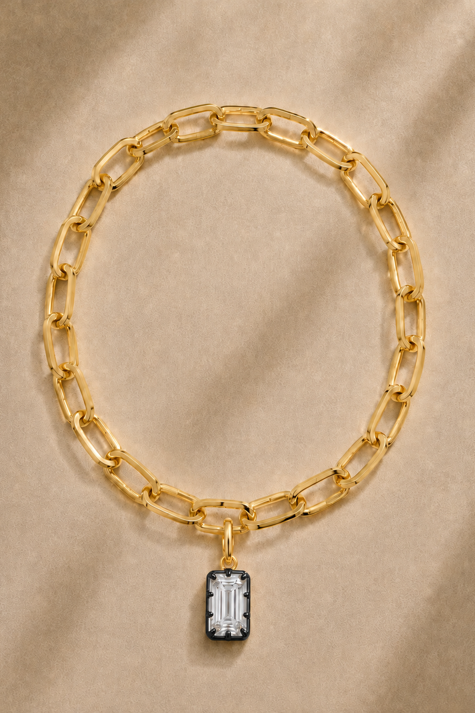 Cara gold plated bracelet or anklet with Vittoria Emerald Cut black rhodium and gold hook charm