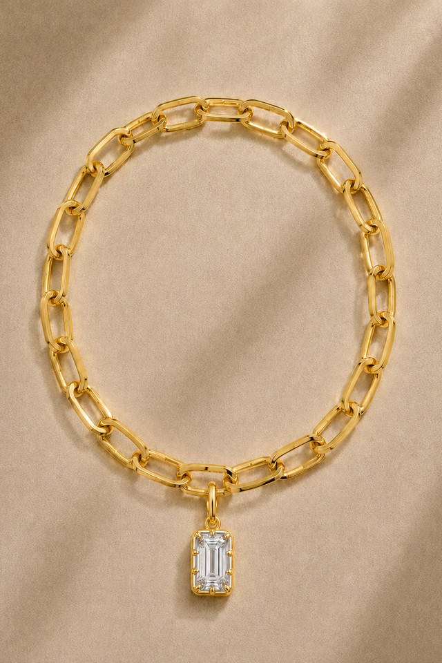 Cara gold plated bracelet or anklet with Vittoria Emerald Cut gold hook charm