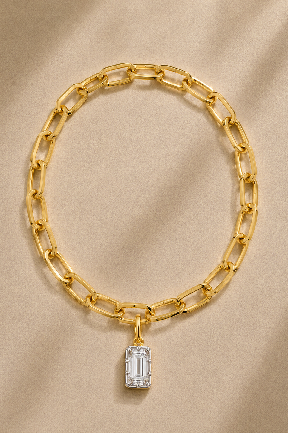 Cara gold plated bracelet or anklet with Vittoria Emerald Cut white rhodium and gold hook charm