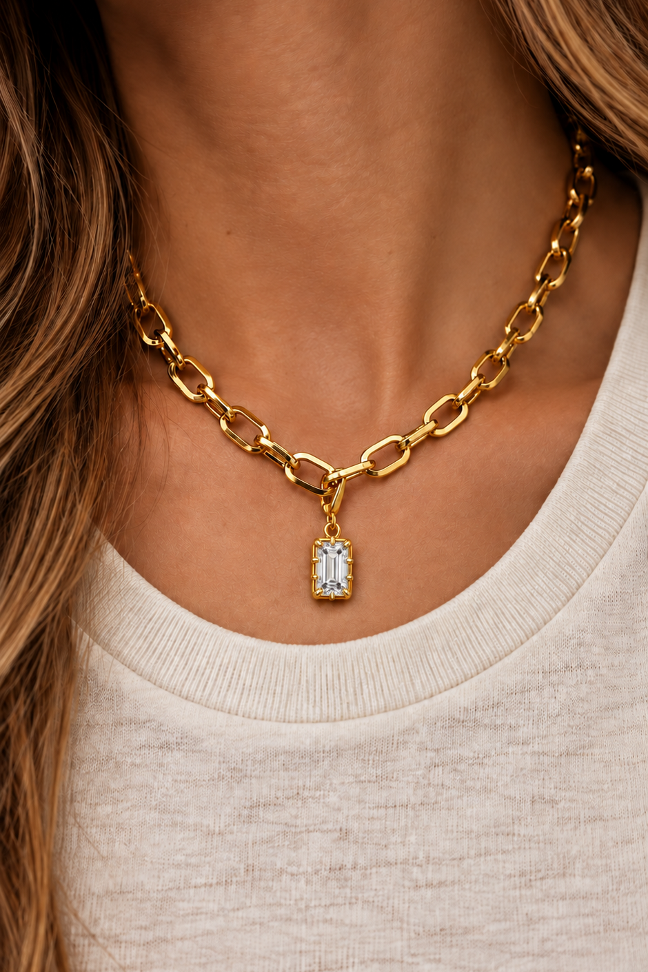 Model wearing the Vittoria Emerald Cut gold hook charm on the Cara gold plated chain necklace