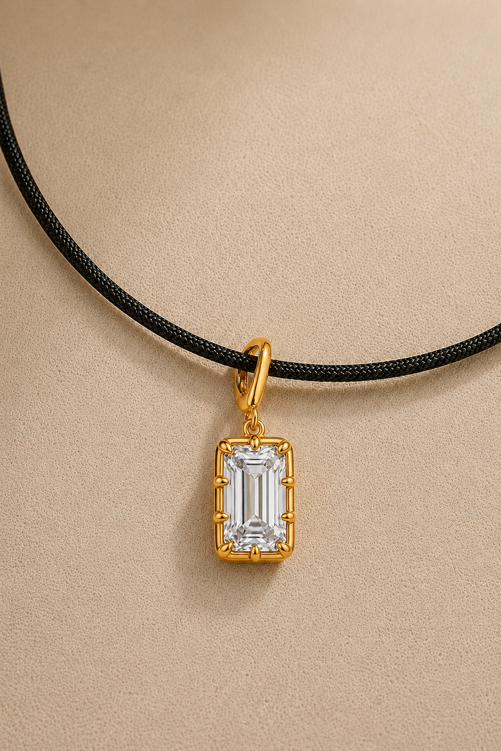 Vittoria emerald-cut 24ct gold plated hook charm on adjustable black cord necklace – close-up