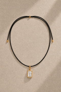 Adjustable black cord necklace with Vittoria emerald-cut 24ct gold plated hook charm – full view