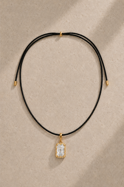 Adjustable Cord Necklace & Vittoria Emerald Cut Hook Charm Gold Set