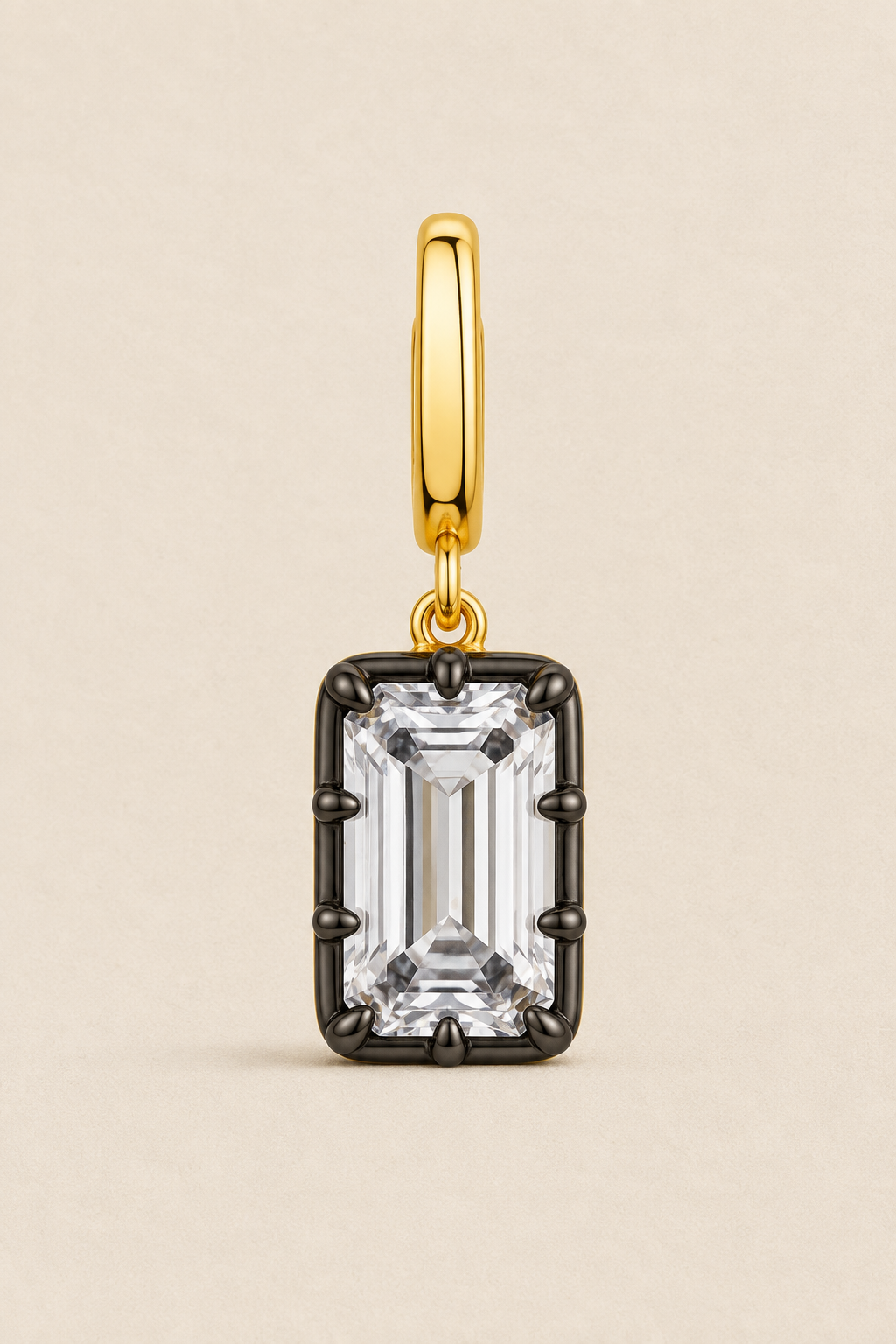 Vittoria emerald-cut stone hook charm in 24ct gold plating with black rhodium prong setting – front view