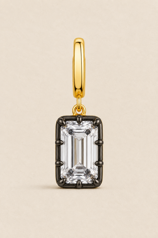 Vittoria emerald-cut stone hook charm in 24ct gold plating with black rhodium prong setting – front view