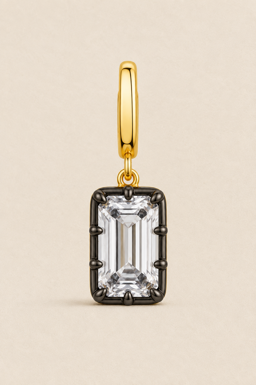 Vittoria emerald-cut stone hook charm in 24ct gold plating with black rhodium prong setting – front view