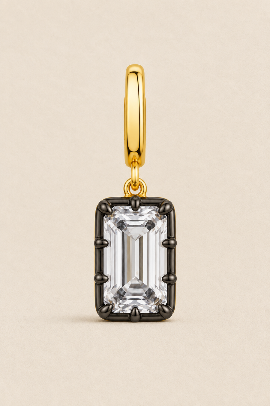 Vittoria emerald-cut stone hook charm in 24ct gold plating with black rhodium prong setting – front view