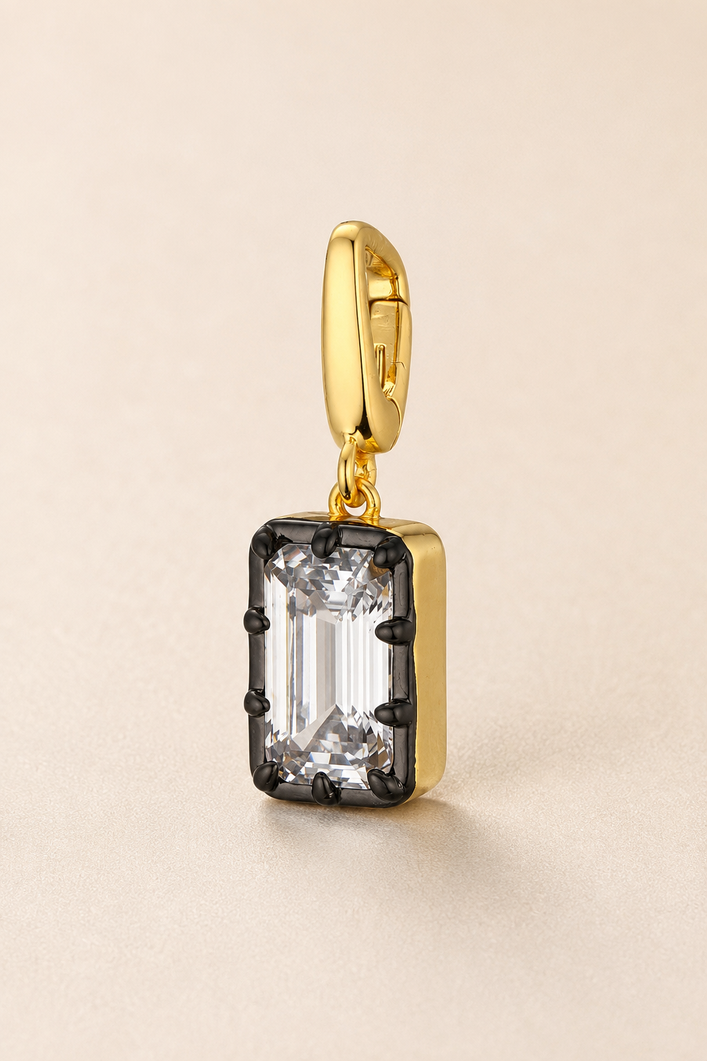 Vittoria emerald-cut stone hook charm in 24ct gold plating with black rhodium detailing – side view