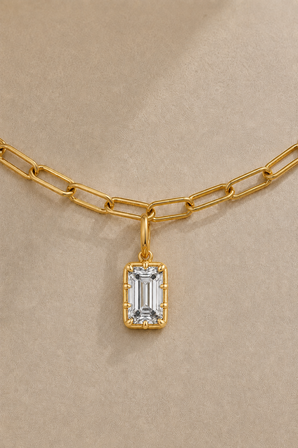 Vittoria Emerald Cut gold hook charm on 24ct gold plated Large Link Chain close-up