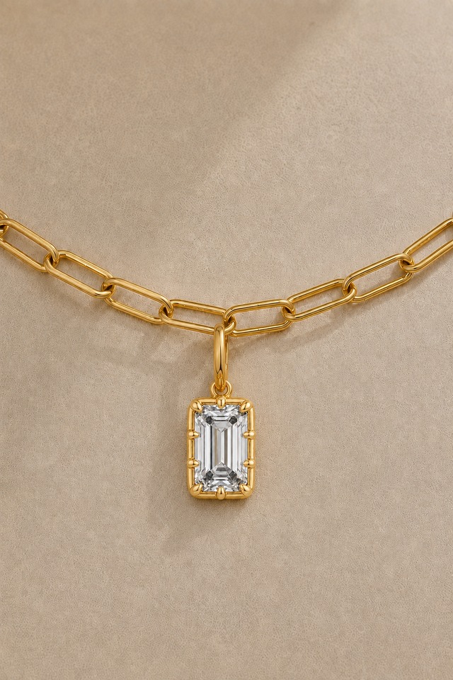 Vittoria Emerald Cut gold hook charm on 24ct gold plated Large Link Chain close-up