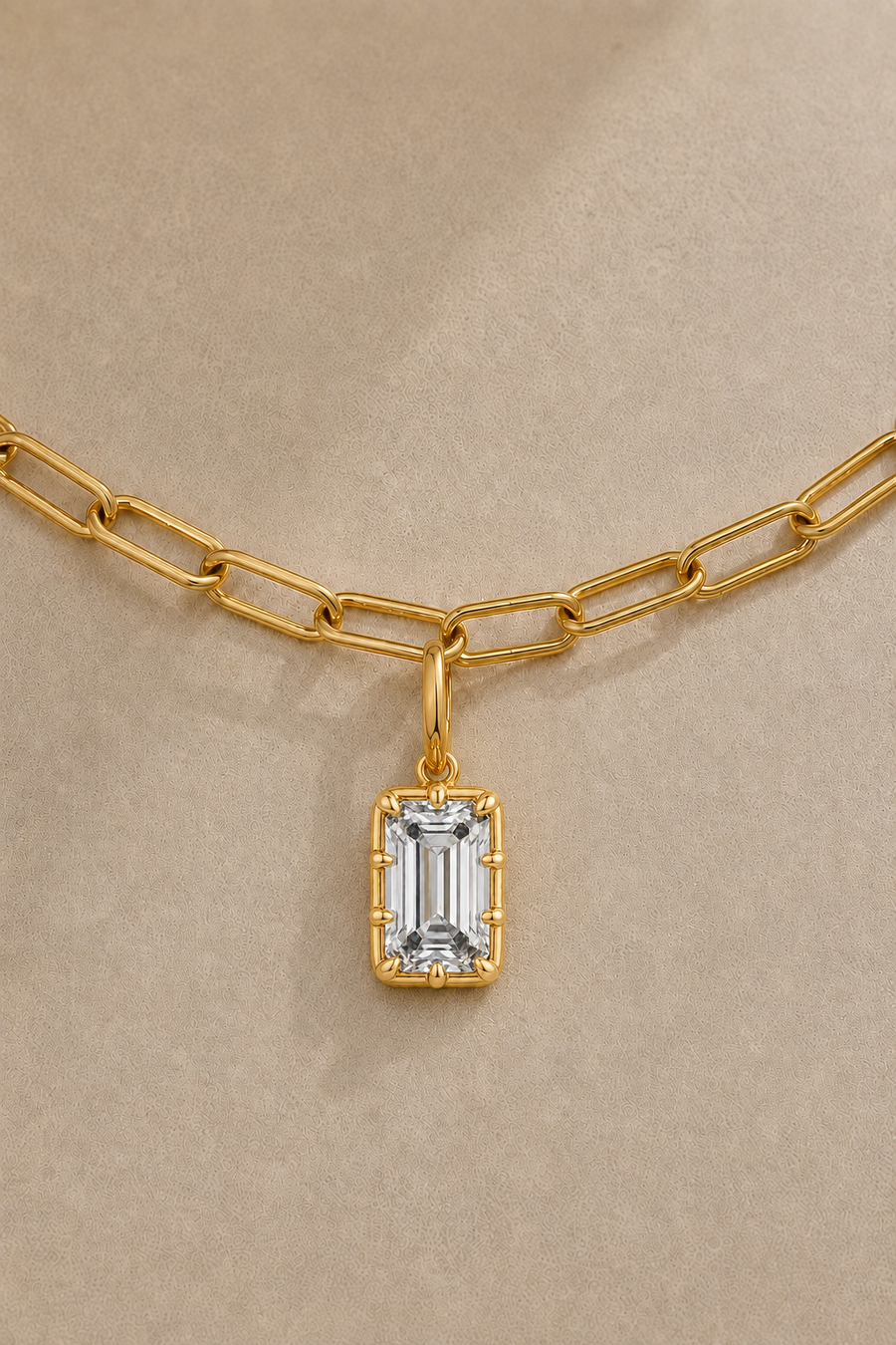 Vittoria Emerald Cut gold hook charm on 24ct gold plated Large Link Chain close-up