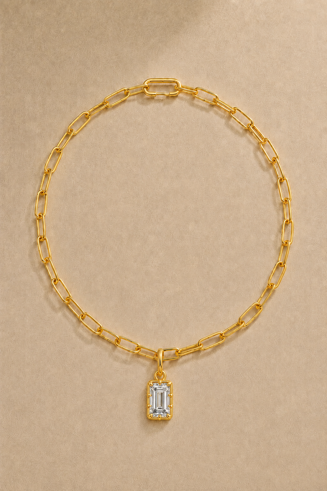 24ct gold plated Large Link Chain necklace with Vittoria Emerald Cut gold hook charm