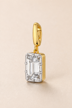 Vittoria emerald-cut hook charm in 24ct gold plating with white rhodium prong setting – front view