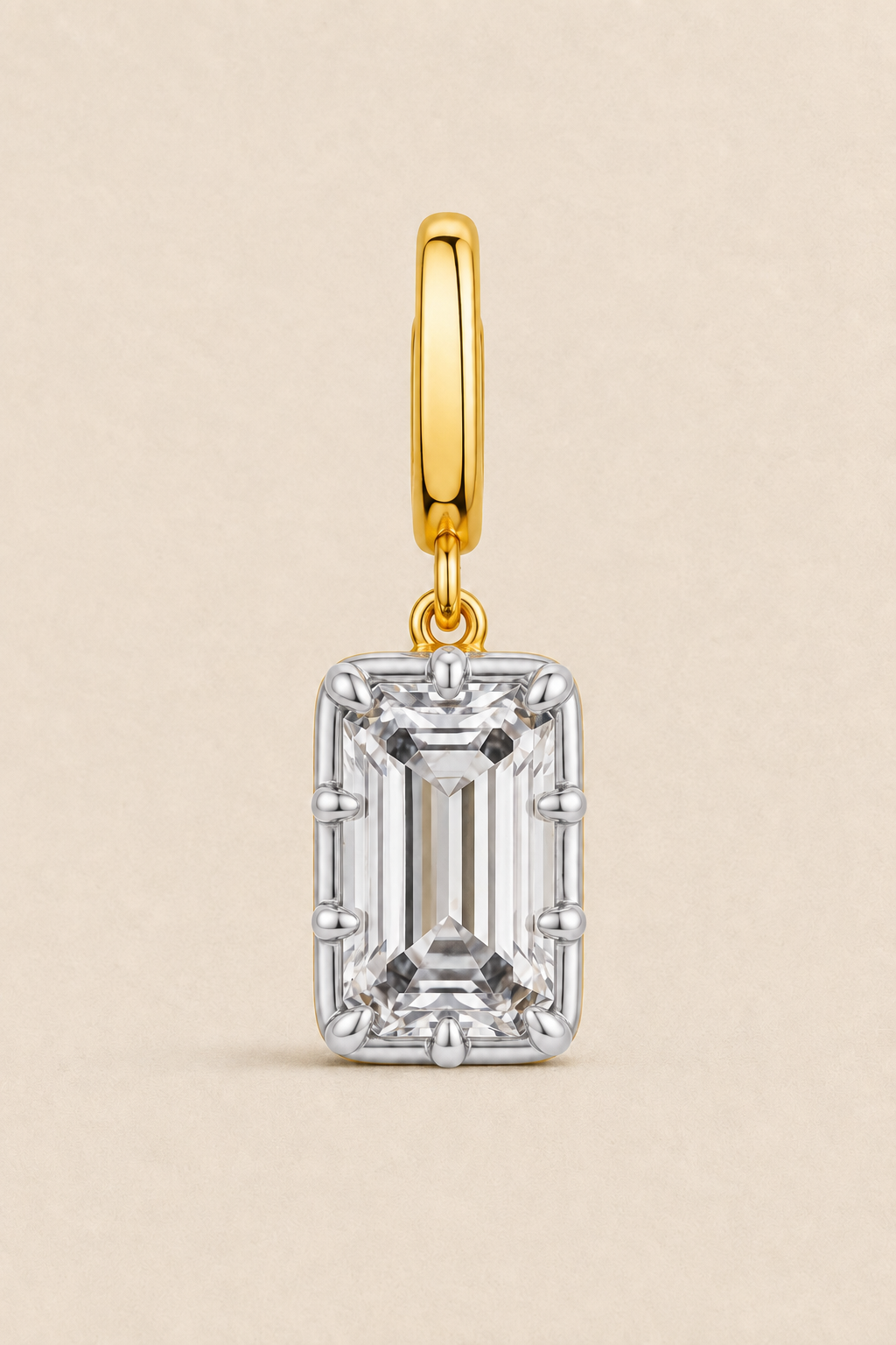 Vittoria emerald-cut hook charm in 24ct gold plating with white rhodium detailing – side view