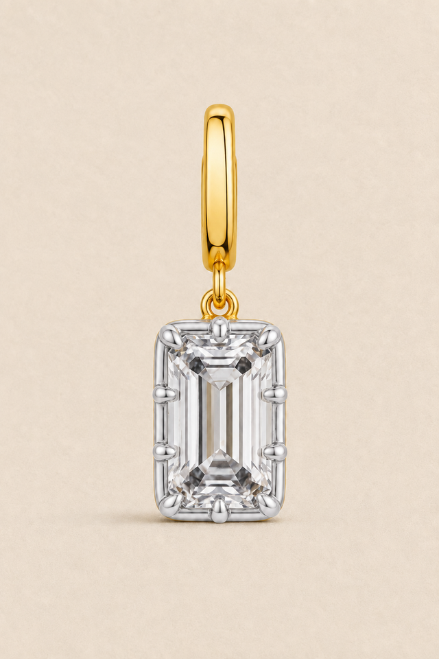 Vittoria emerald-cut hook charm in 24ct gold plating with white rhodium detailing – side view