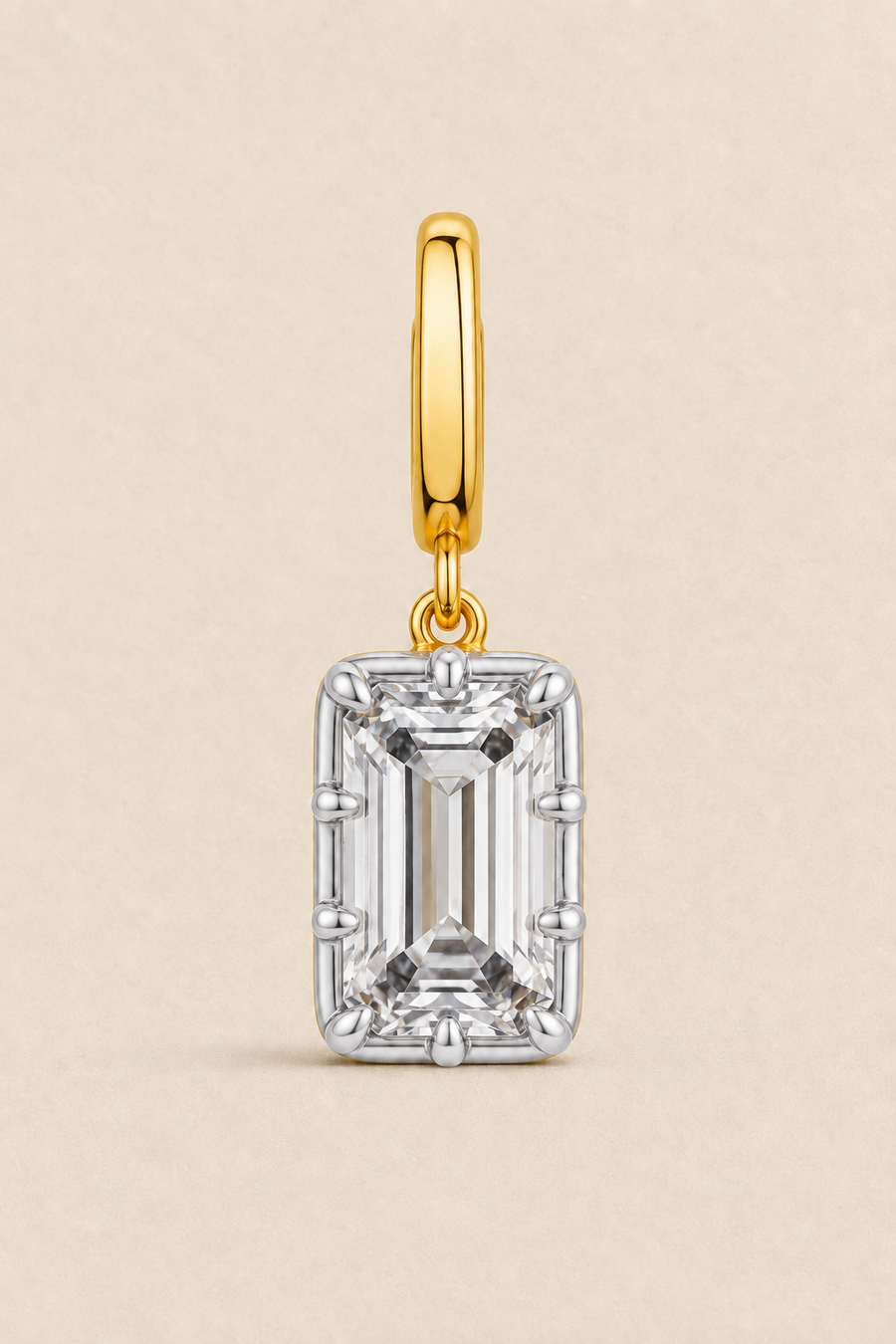 Vittoria emerald-cut hook charm in 24ct gold plating with white rhodium detailing – side view