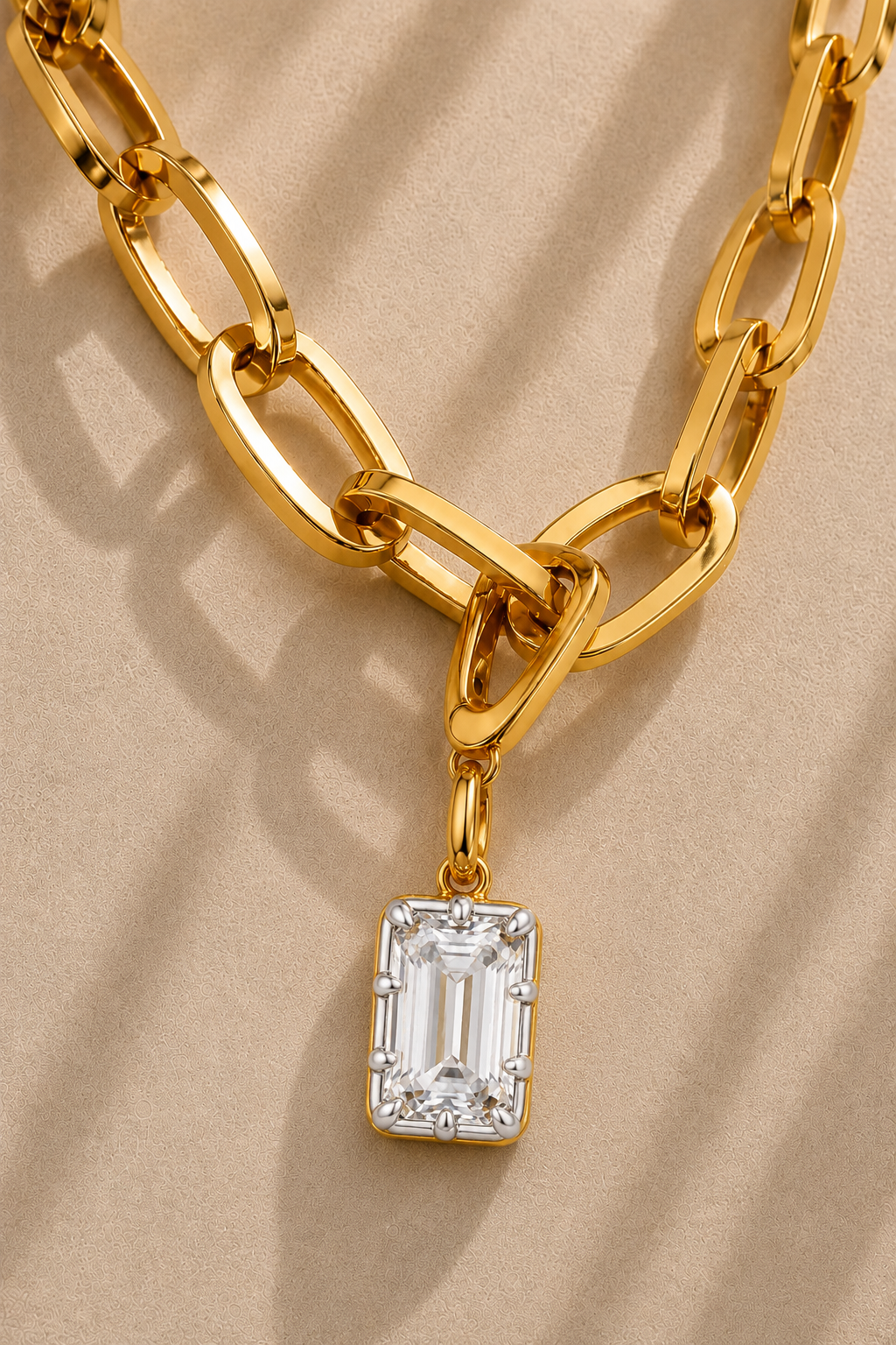 Vittoria Emerald Cut silver and gold hook charm on the Cara chunky gold plated chain close-up