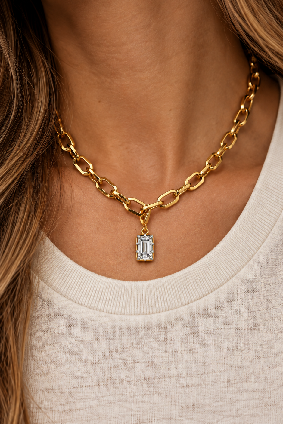 Model wearing the Vittoria Emerald Cut silver and gold hook charm on the Cara chunky gold plated chain necklace
