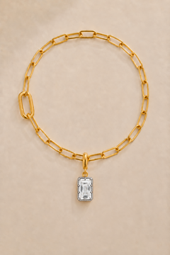 Vittoria Emerald Cut white rhodium and gold hook charm on the gold Large Link bracelet or anklet