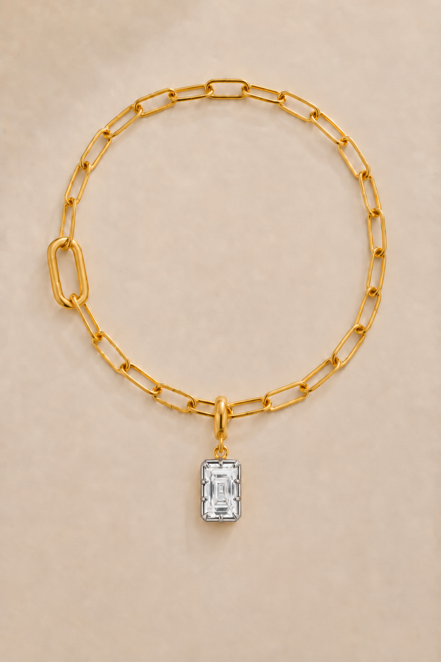 Vittoria Emerald Cut white rhodium and gold hook charm on the gold Large Link bracelet or anklet